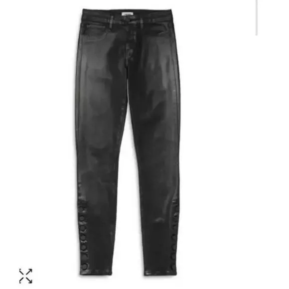 LAGENCE Noir Coated Skinny Jeans High Waist Button Detail Womens Size 27